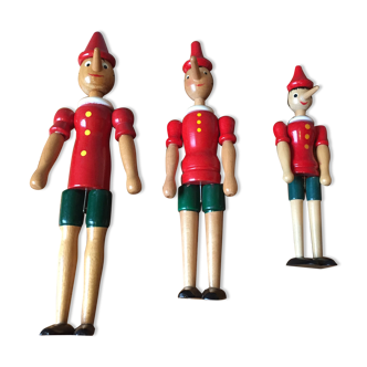 Trio of old wooden Pinocchio Made in Italy