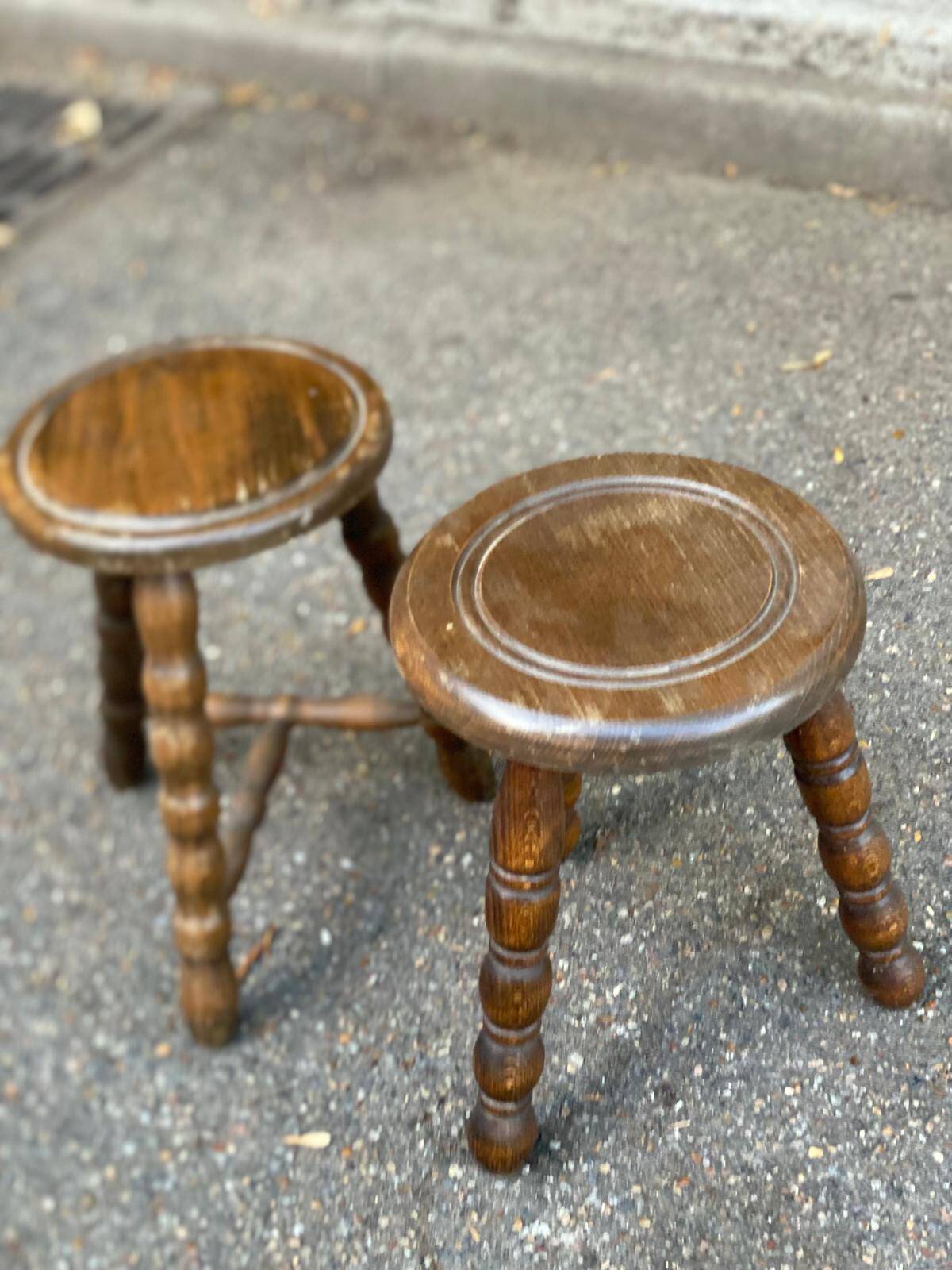 2 tripod stools in turned solid wood, Charles Dudouyt style, 1960.