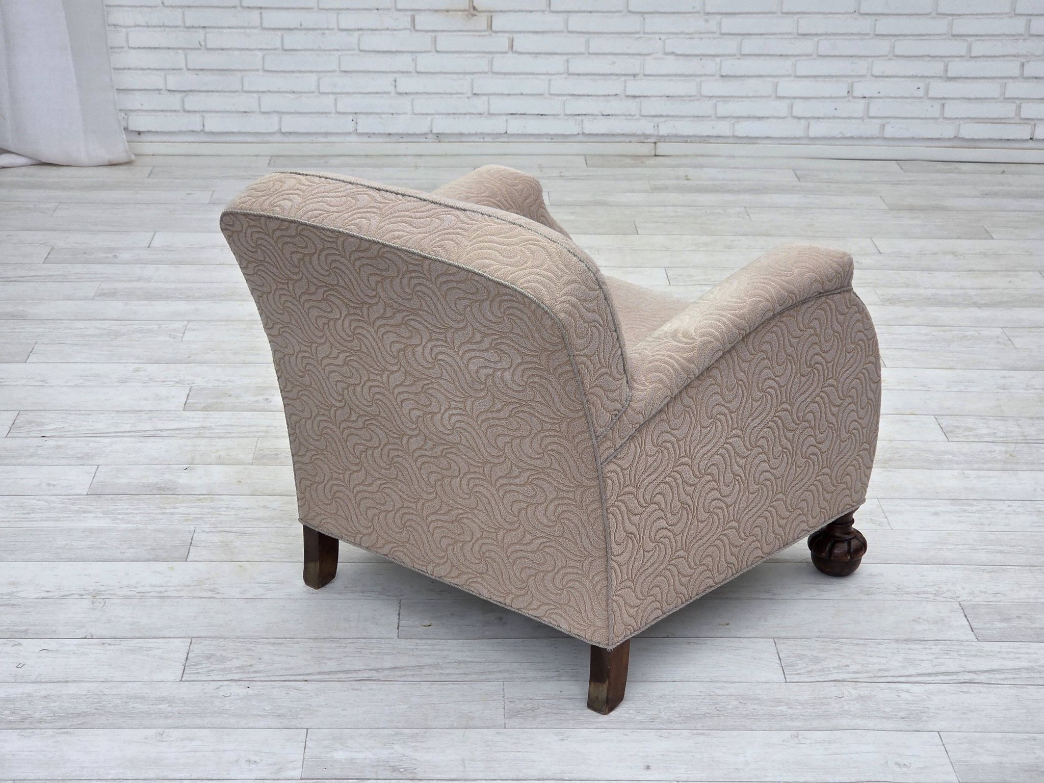 1950s, Danish artdeco armchair, furniture wool, oak wood legs.