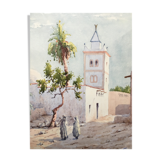 Watercolor Oasis in Biskra (Alegèrie) in 1902 signed CH