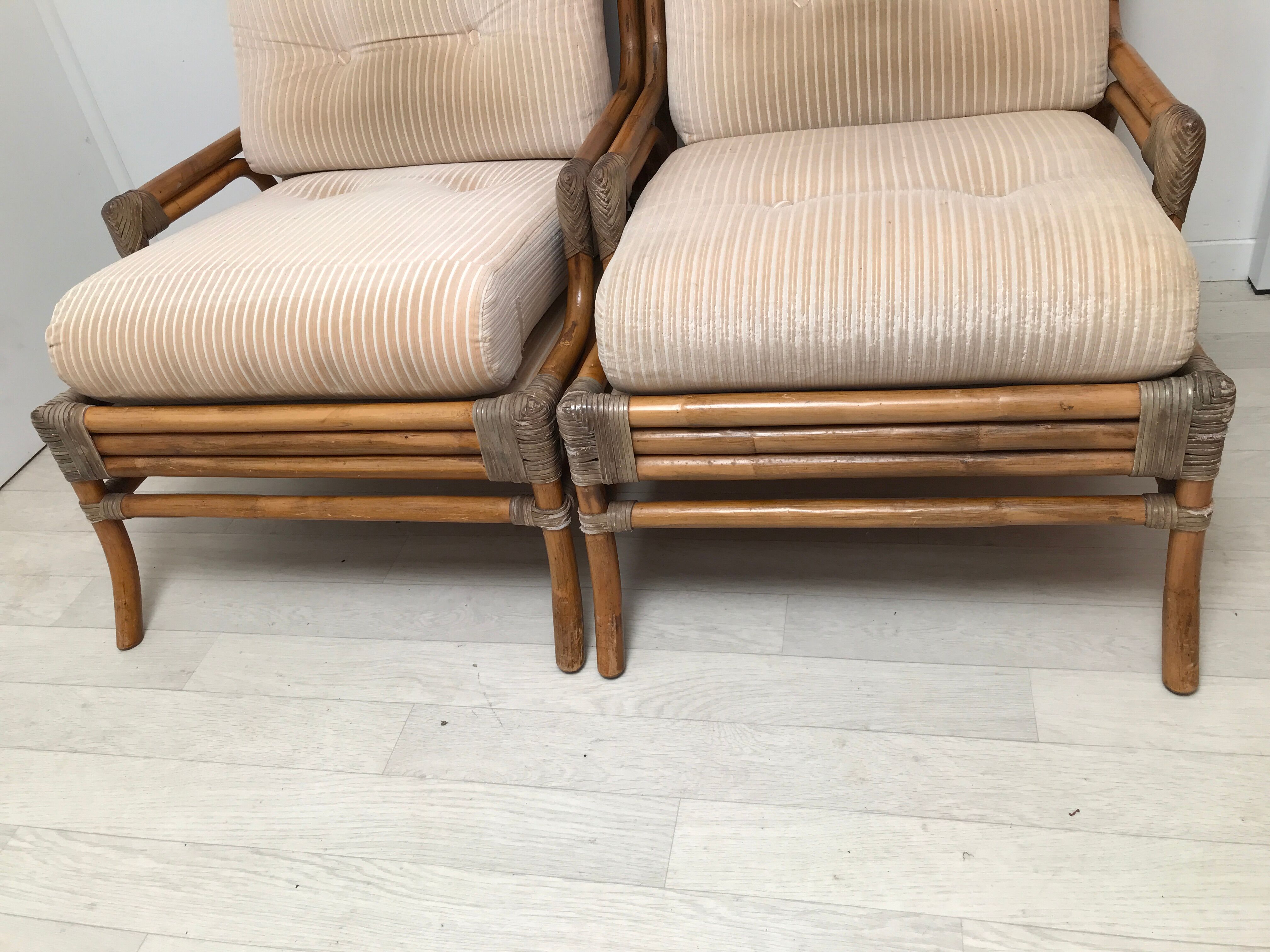 Pair of 70's rattan and leather armchairs