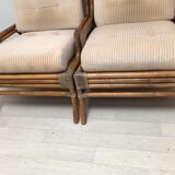 Pair of 70's rattan and leather armchairs