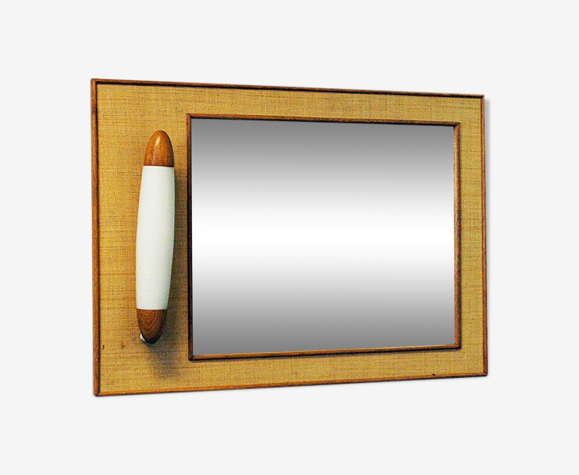 Vintage oak and rattan wallmirror with light by Fröseke Sweden 1960s