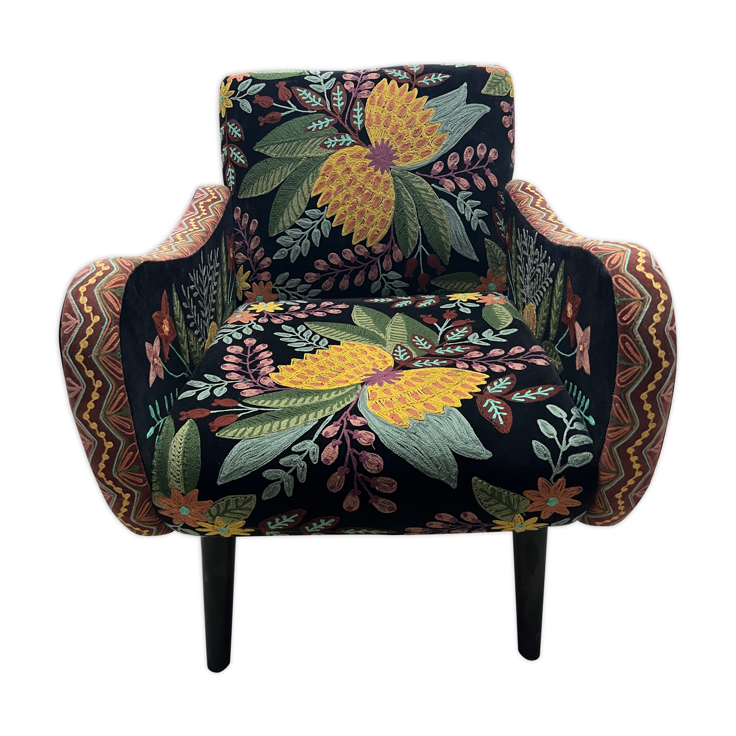 British style armchair in embroidered black velvet and legs in solid black mango tree