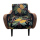 British style armchair in embroidered black velvet and legs in solid black mango tree