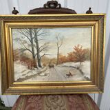 painting Winter landscape with cart and pheasants signed FH