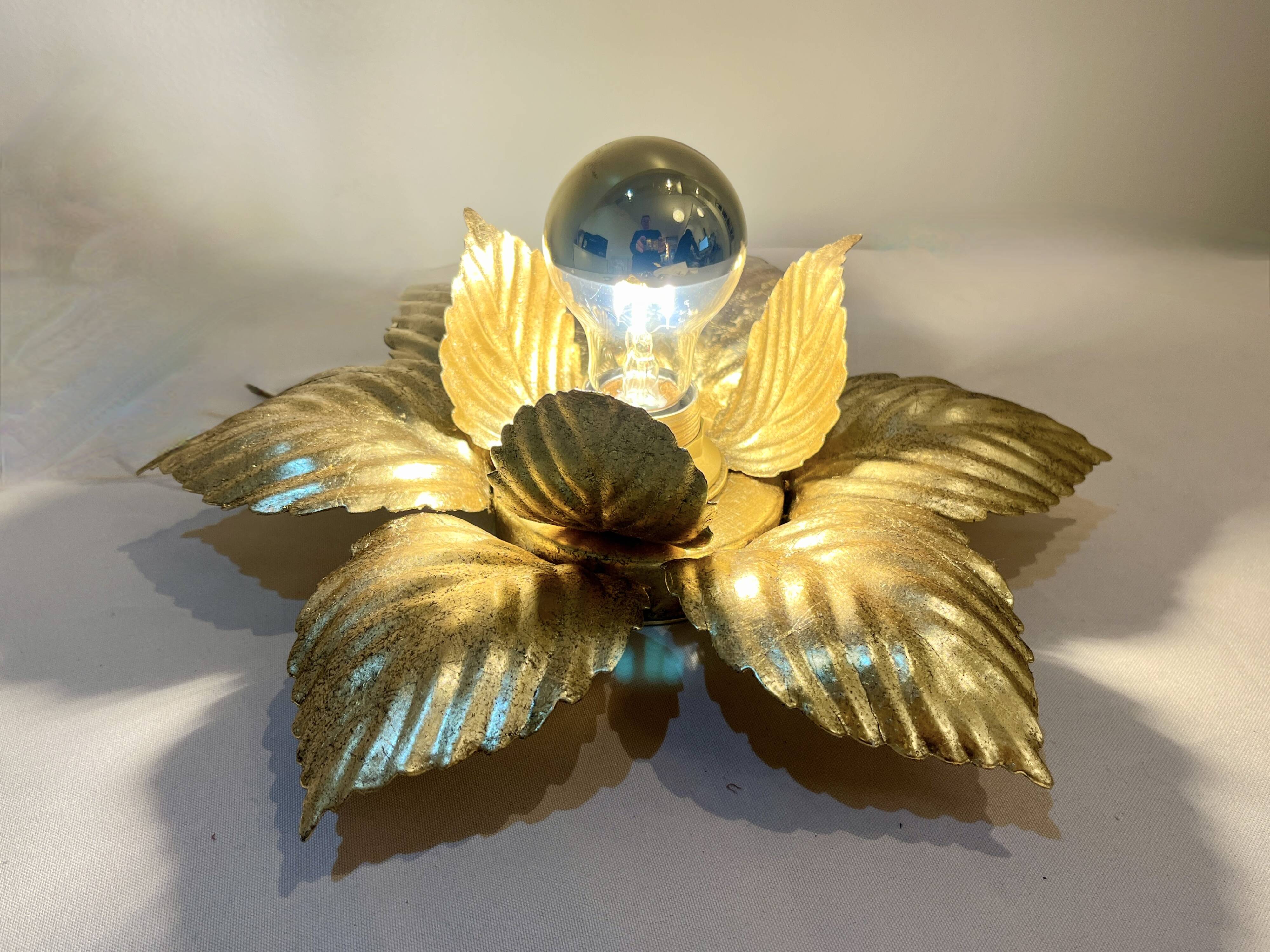 Masca 1970s 1980s Hollywood Regency Gold Leaf Metal Flower Wall Sconce