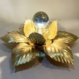 Masca 1970s 1980s Hollywood Regency Gold Leaf Metal Flower Wall Sconce