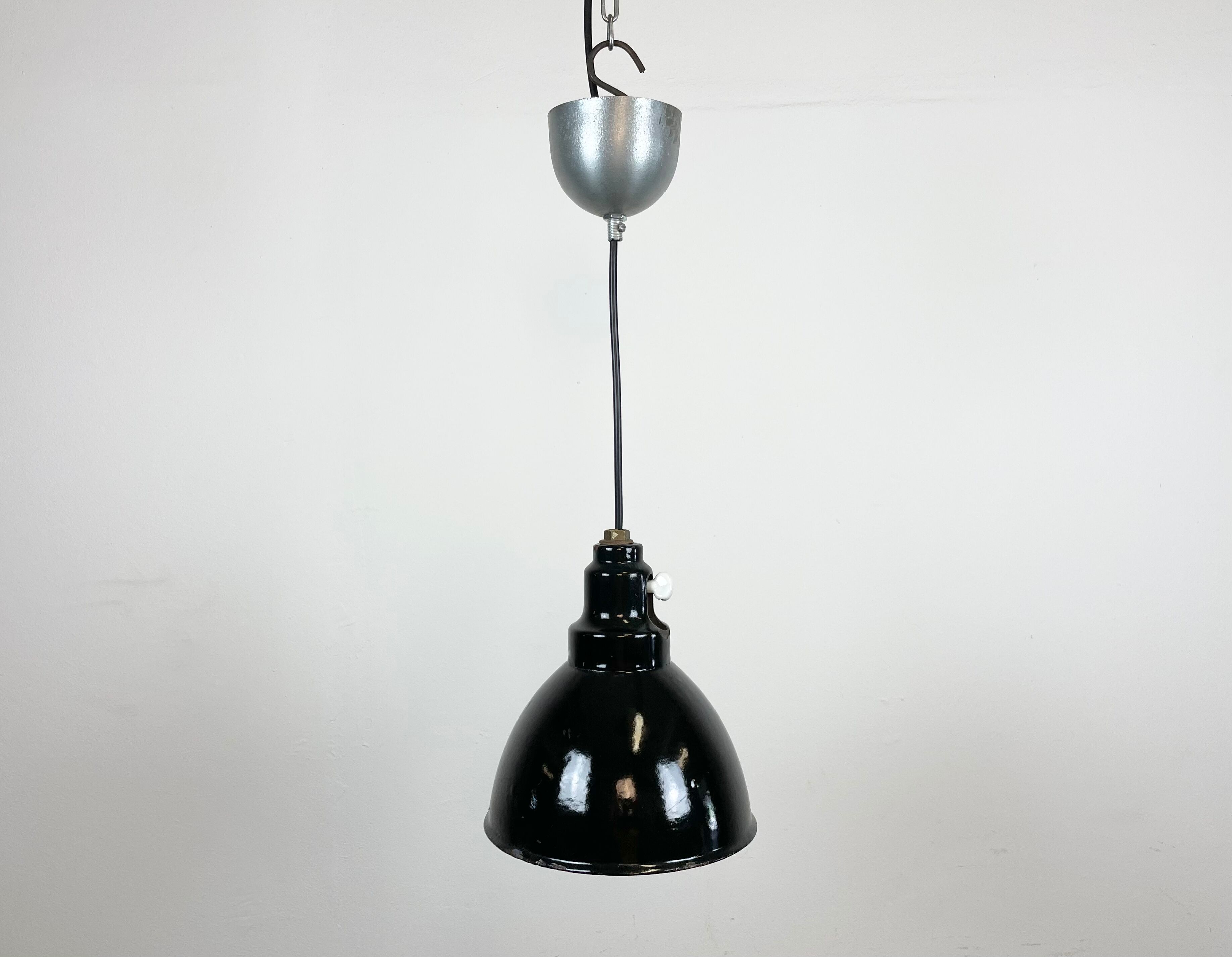 Industrial black enamel pendant lamp, 1950s