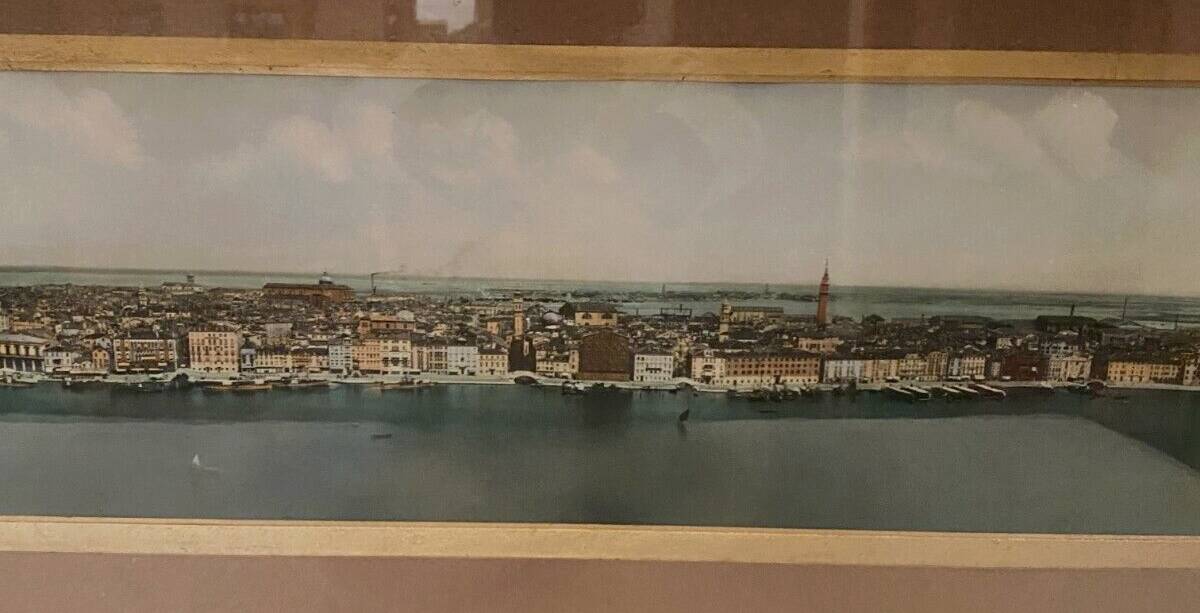 Panoramic view of Venice in a 20th century carved walnut frame