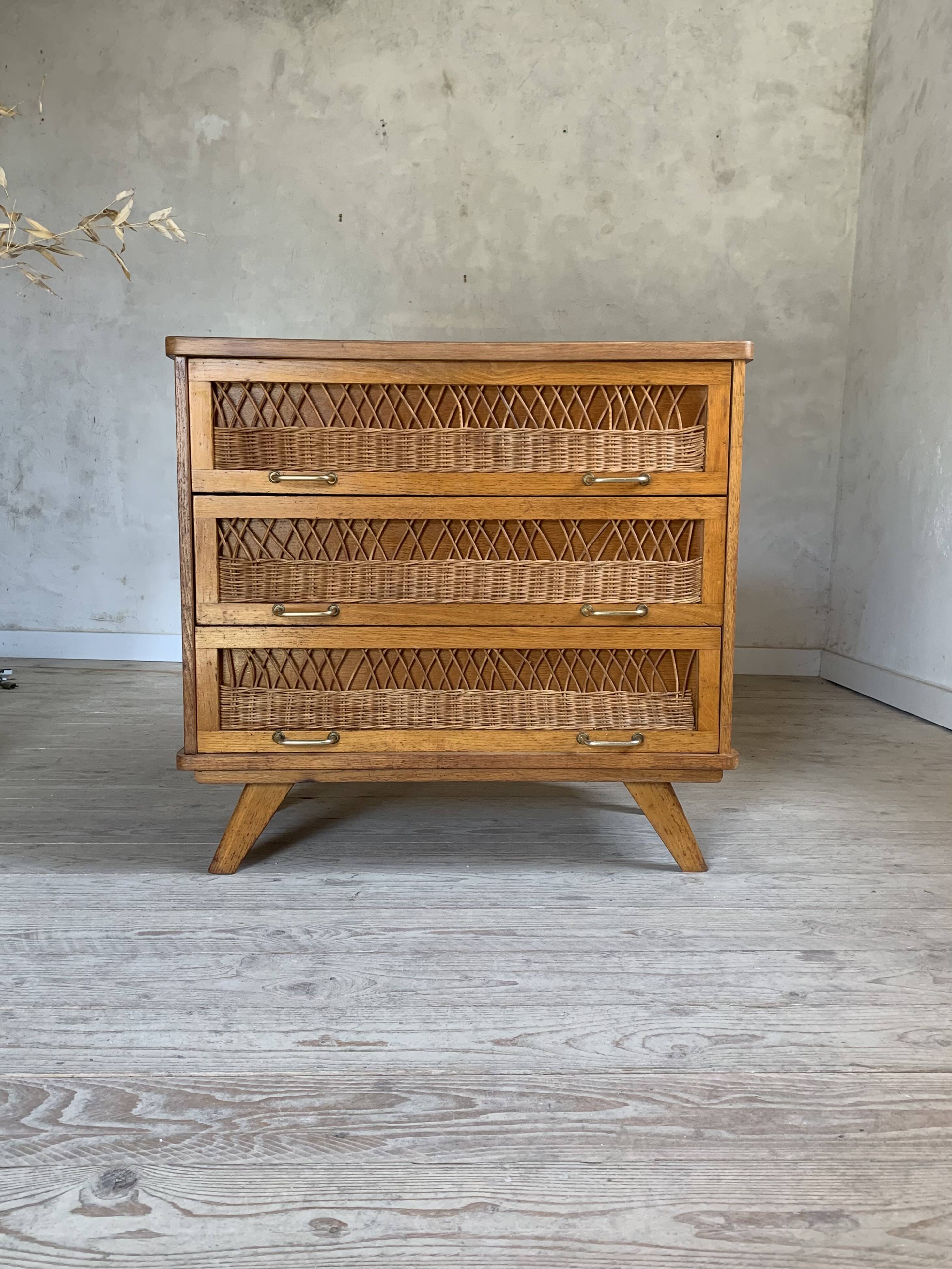 Vintage oak and rattan chest of drawers