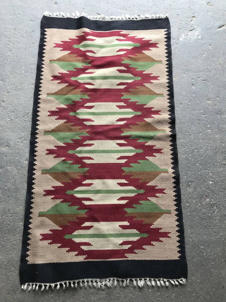Mid-Century red textile rug - 1940s geometric pattern, 62x119 cm