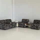 Modular 70s sofa, reupholstered, with integrated table modules, sculptural