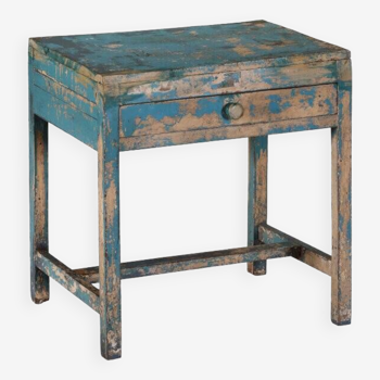 Blue console table old indian desk with patina teak wood drawer and original piece