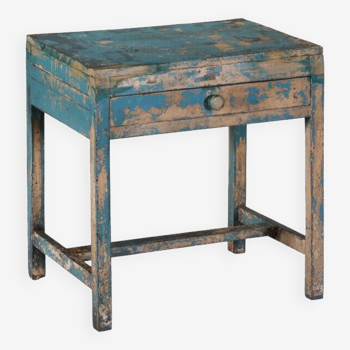 Table bleue console ancien bureau indien avec tiroir bois teck patine et piece d'origine