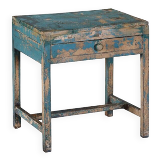 Table bleue console ancien bureau indien avec tiroir bois teck patine et piece d'origine