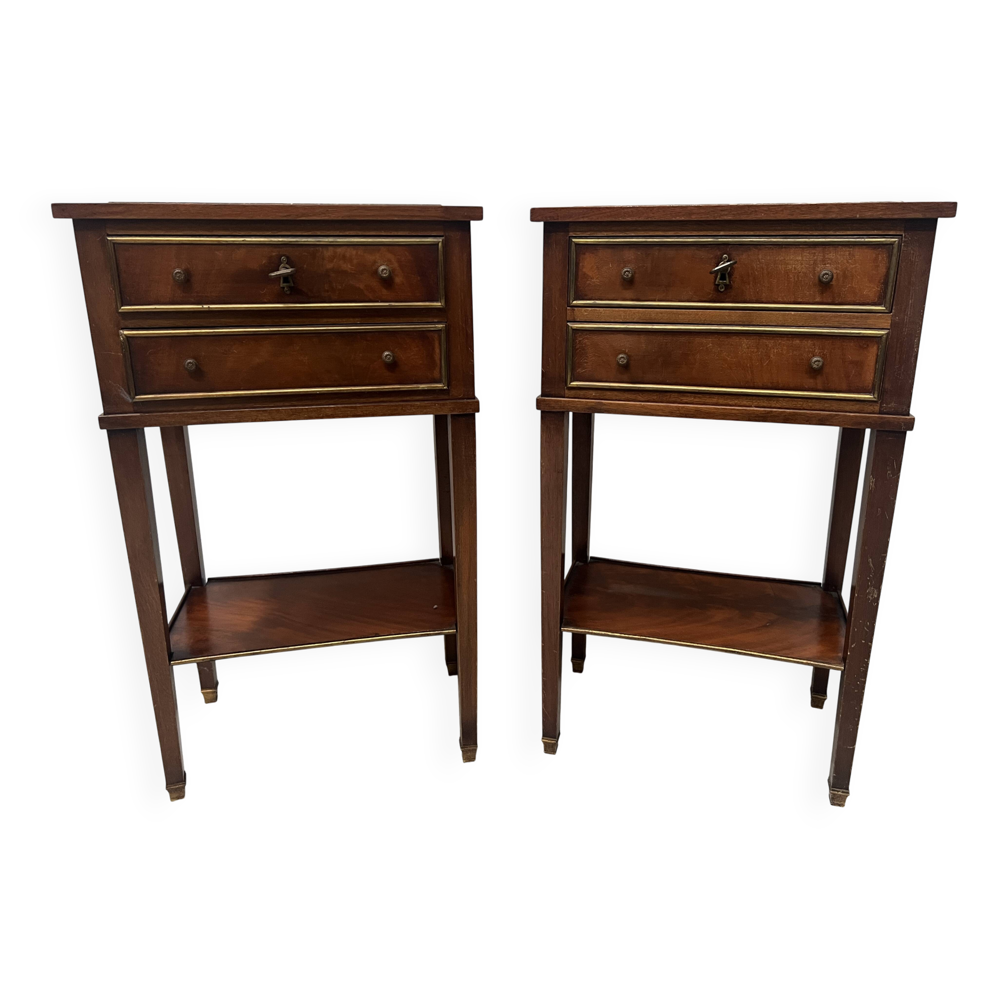 Pair of Louis XVI style bedside tables in mahogany and veneer, 20th century
