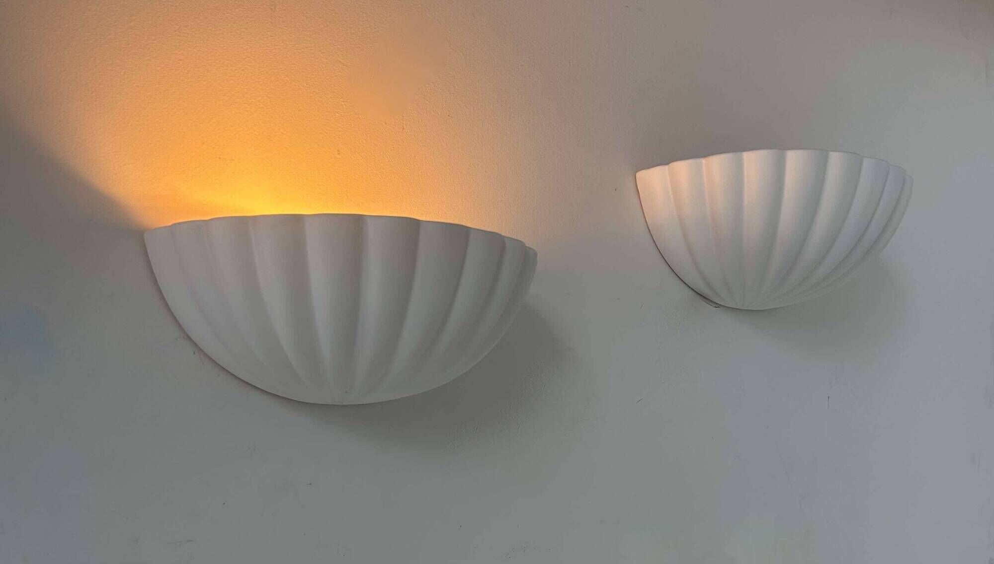 Pair of vintage shell wall lights, matte white, France 1970