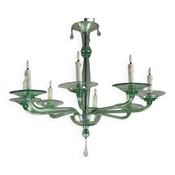 Lustre vénitien en verre de Murano de couleur verte, Venini, vers 1920