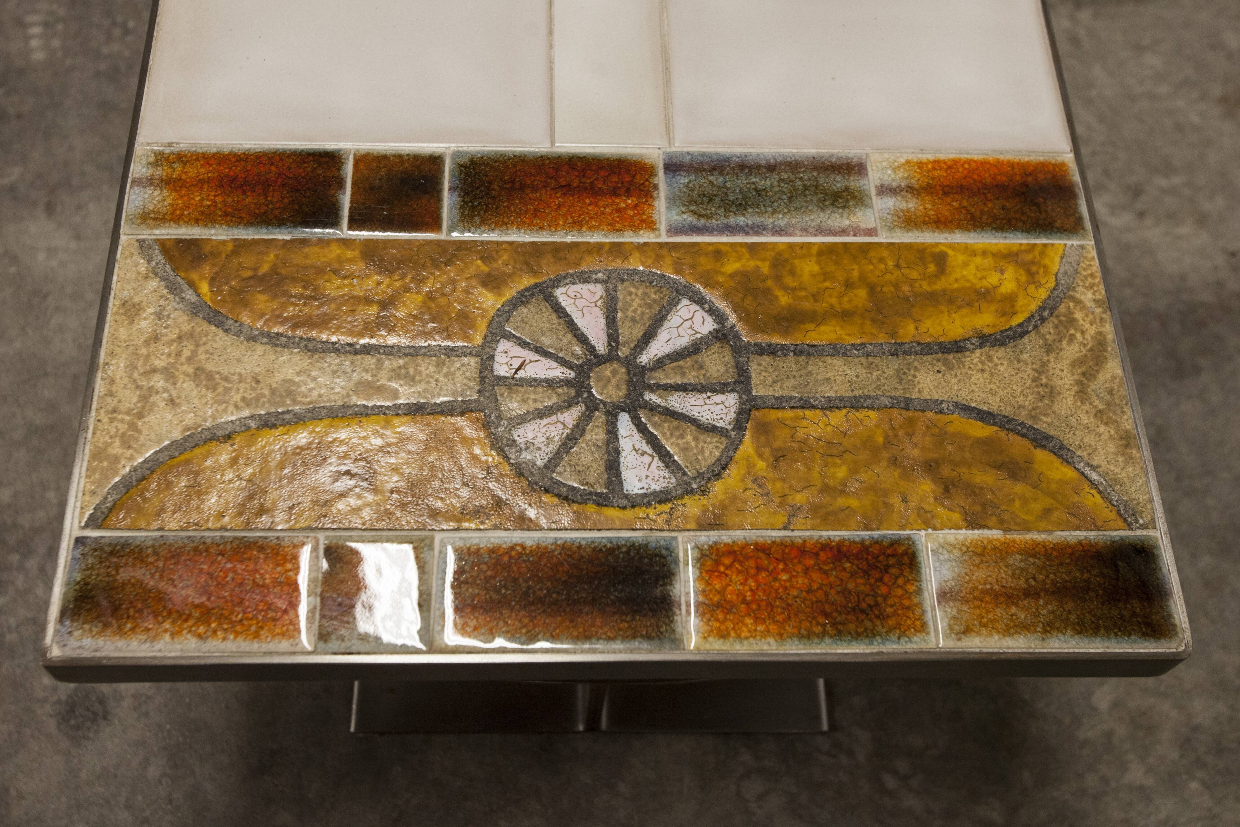 Ceramic coffee table and brushed steel Roche Bobois design Gregorieff 70s, 108x47cm