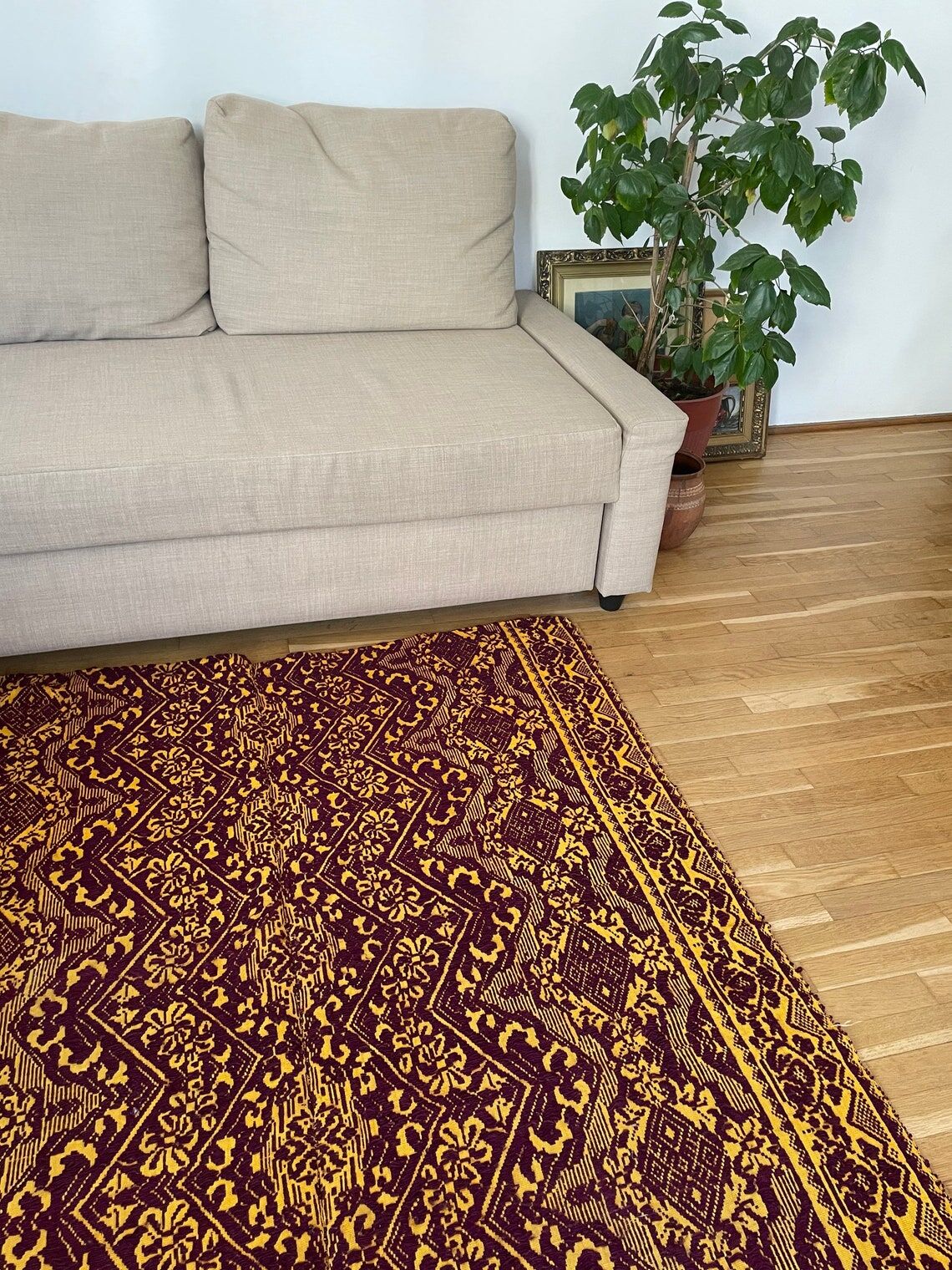 Vintage Romanian carpet design brown purple on yellow background 185x130cm