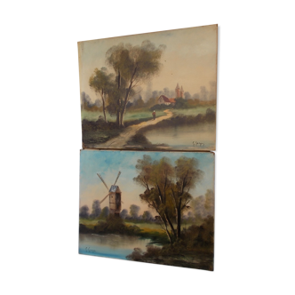 Pair of old paintings "painting landscape on canvas"
