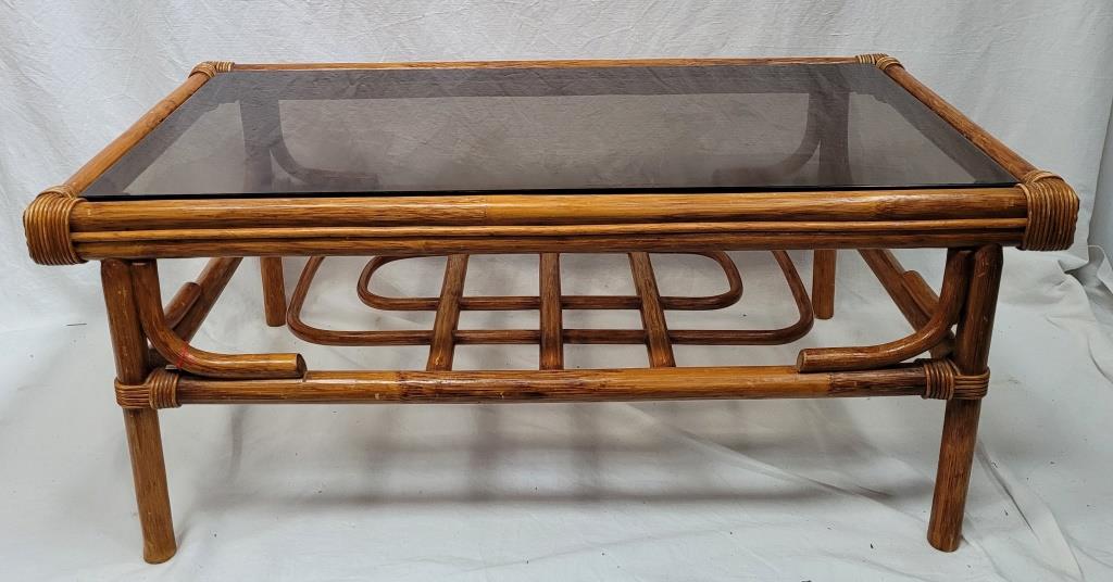 Rattan coffee table and smoked glass, 70s