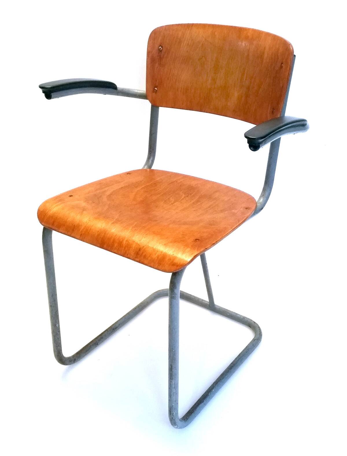 Dutch plywood vintage forties chair with bakelite armrests