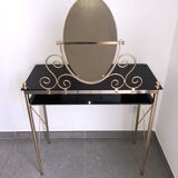 Coiffeuse laiton , verre et plastique noirs avec son tabouret moumoute