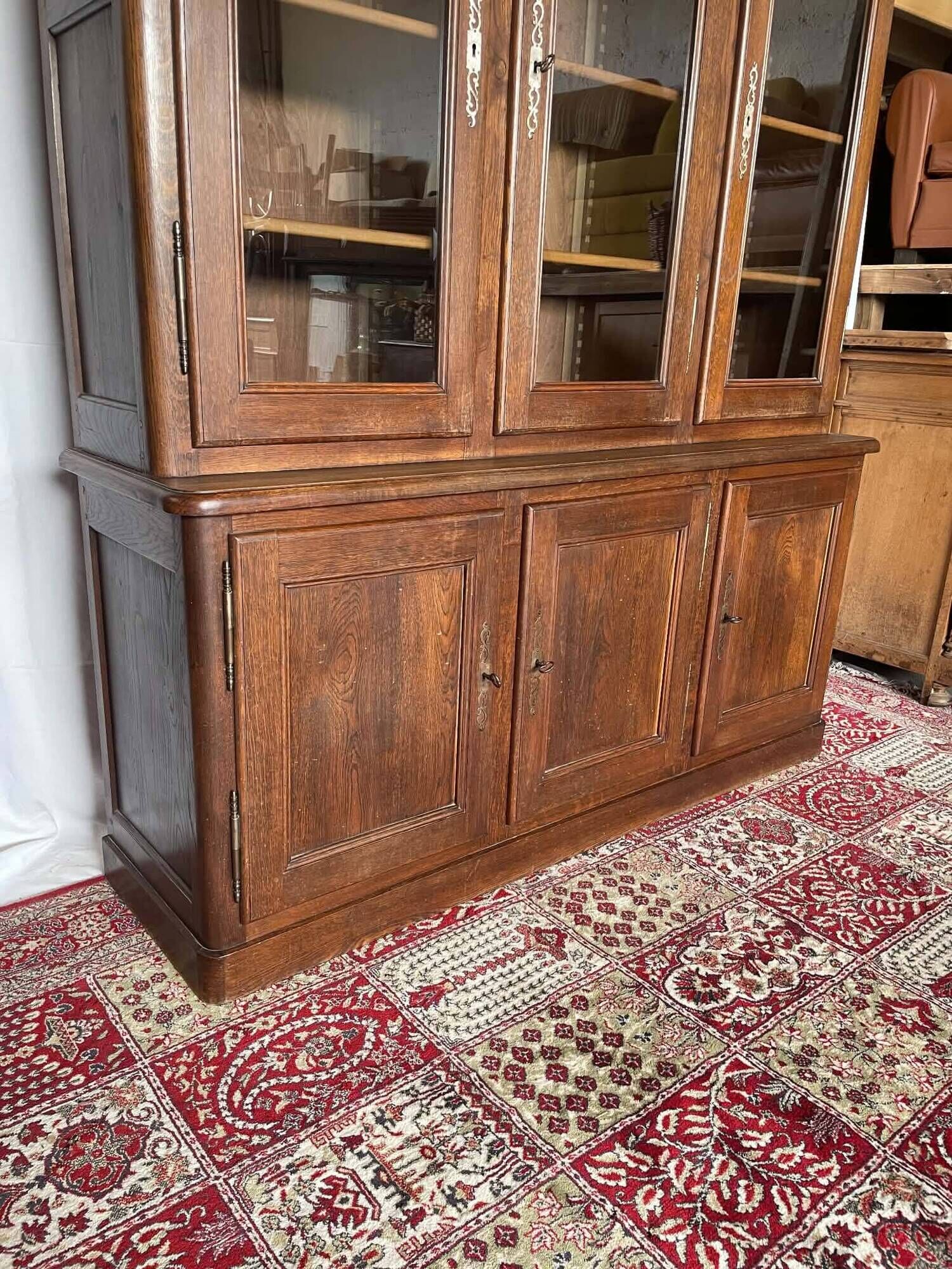 Large antique two-body library in solid oak – 3 glass doors