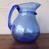 Large blue bubble blown pitcher