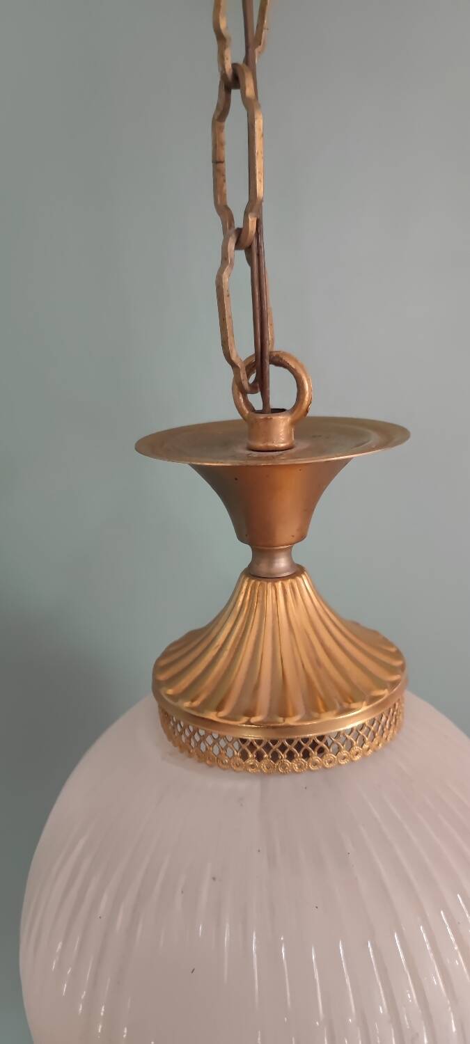 Serrated opaline ball chandelier in glass and brass