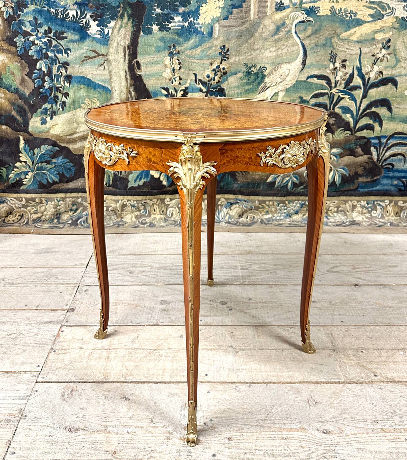 Pedestal table in marquetry and gilded bronzes, louis xv style, napoleon iii period