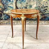 Pedestal table in marquetry and gilded bronzes, louis xv style, napoleon iii period