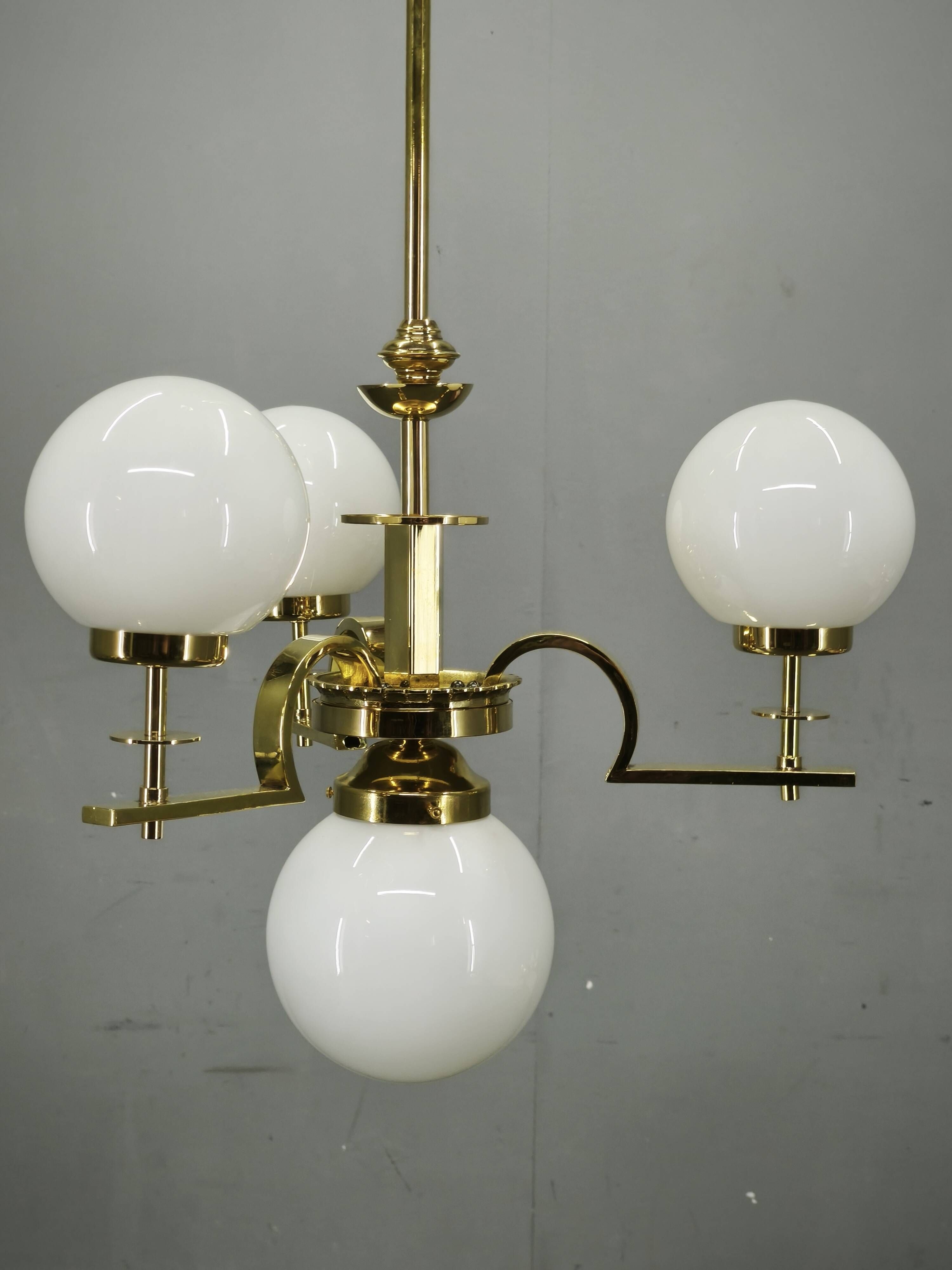 1930s Art Deco Brass and Opaline Glass Globe Chandelier, Czechoslovakia