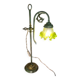 brass lamp with pretty antique patina and opaque green tulip, 58x25