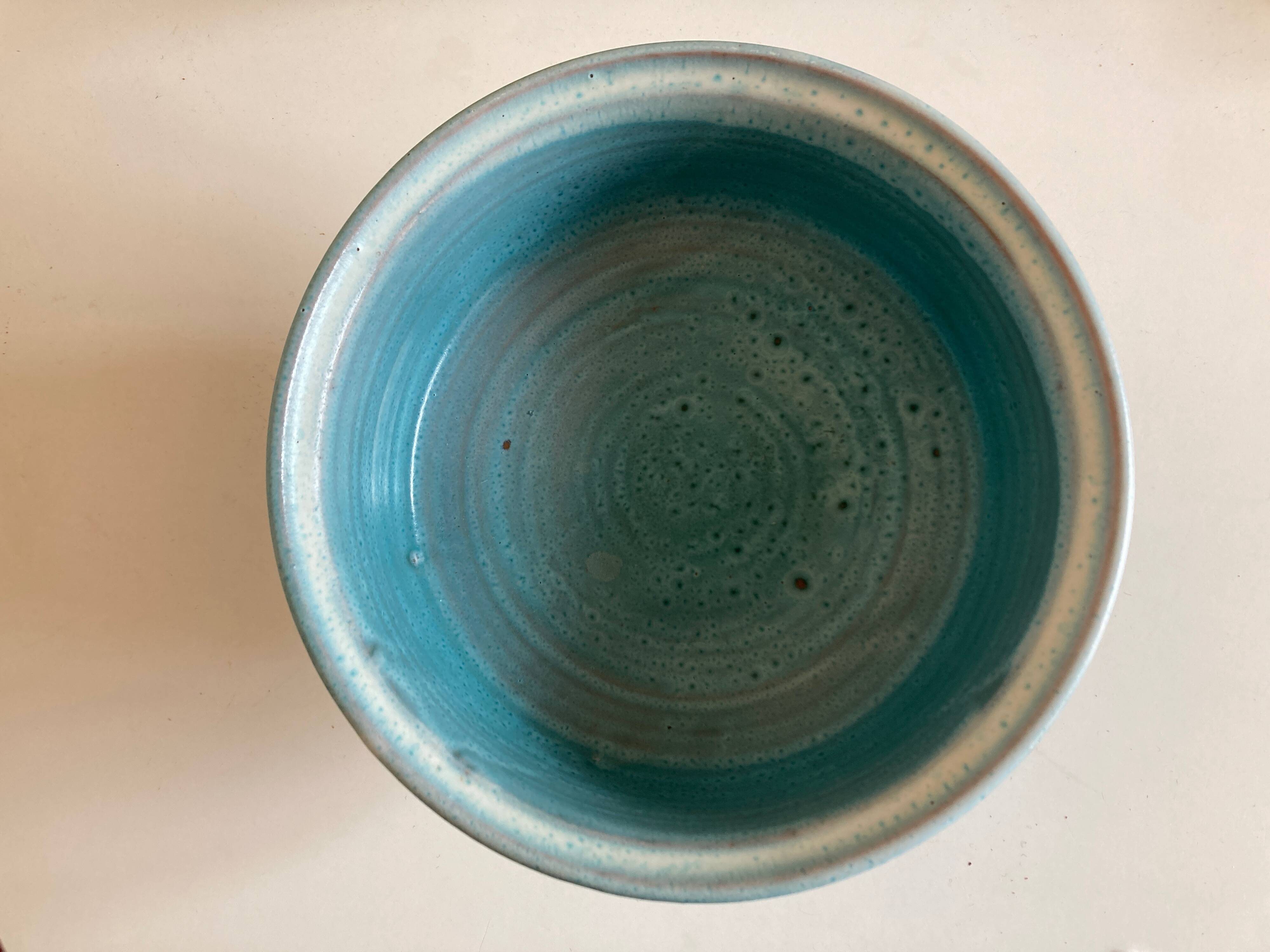 Ceramic turquoise centerpiece on foot Vallauris terracotta mid century