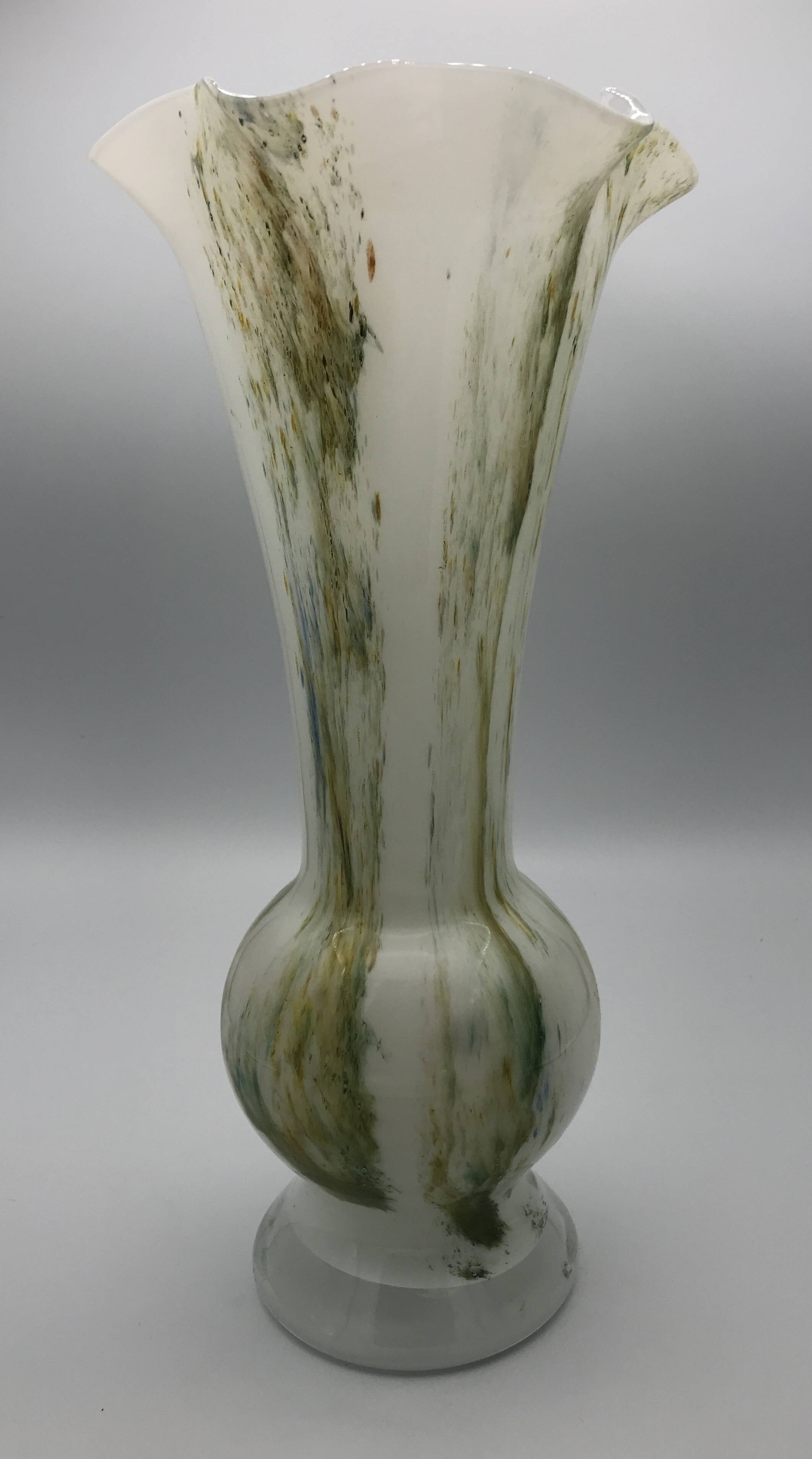 Vase in white opaline blown glass and green, yellow, blue polychrome shades