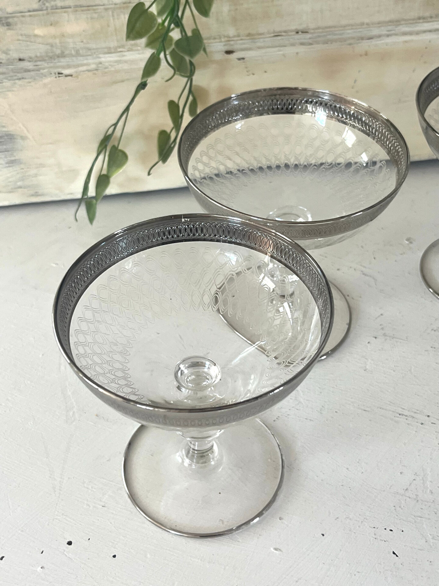 Etched silver rim cocktail coupe glasses set mid century barware