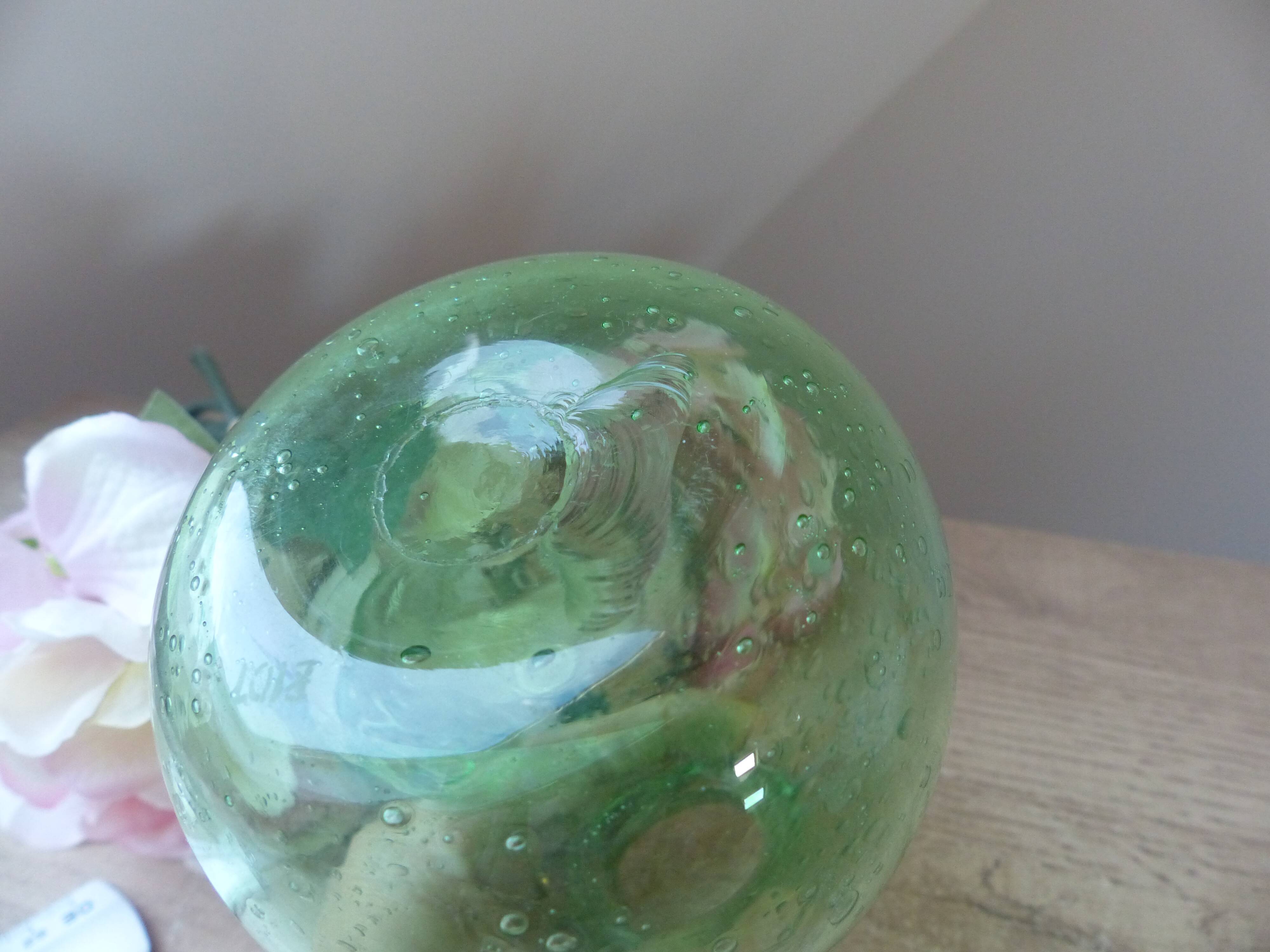 Small carafe in blown and bubble glass green color signed biot vintage