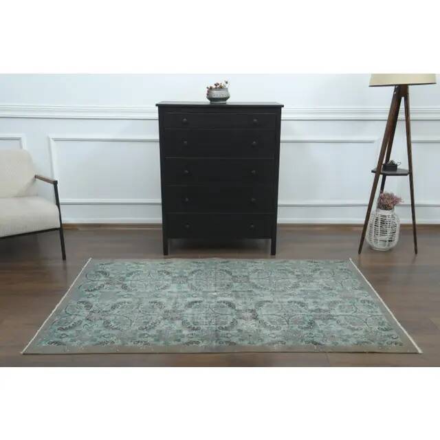 1970s vintage Turkish hand-knotted wool cotton green area rug 196x224