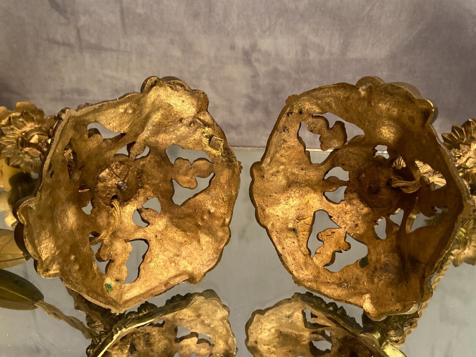 Pair of candlesticks mounted in late nineteenth century bronze lamp base Renaissance style