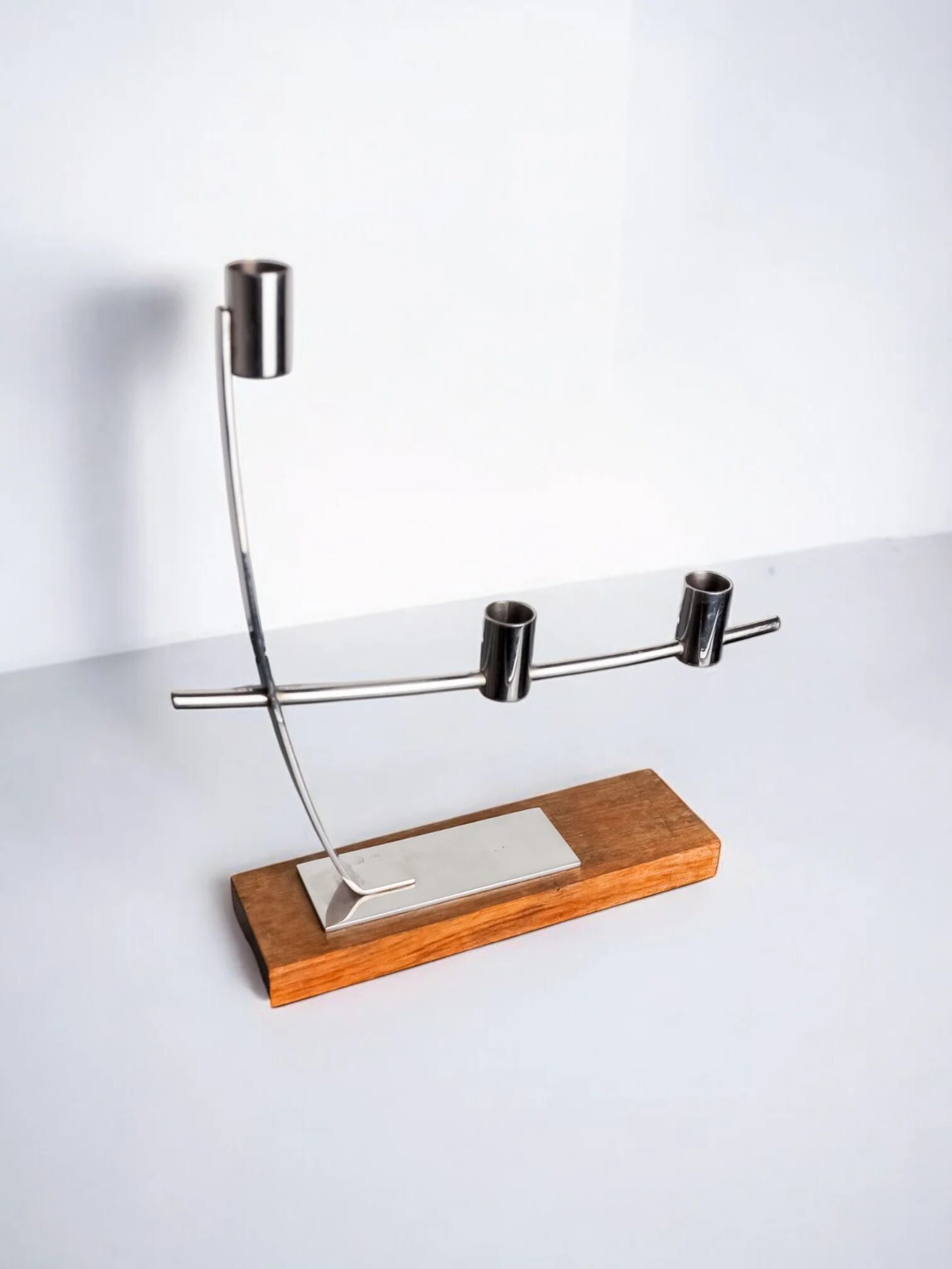 Candlestick in stainless steel and rosewood, 3 flames, Denmark, 1970