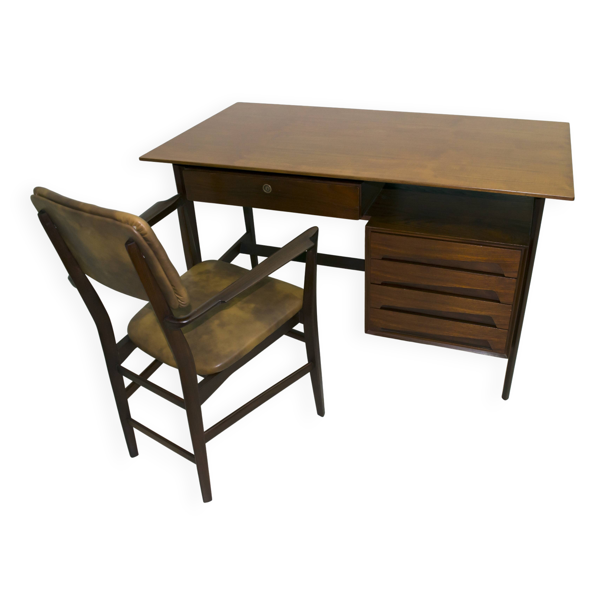 Vittorio Dassi Mid-Century Italian Teakwood Writing Desk and Chair, 1950