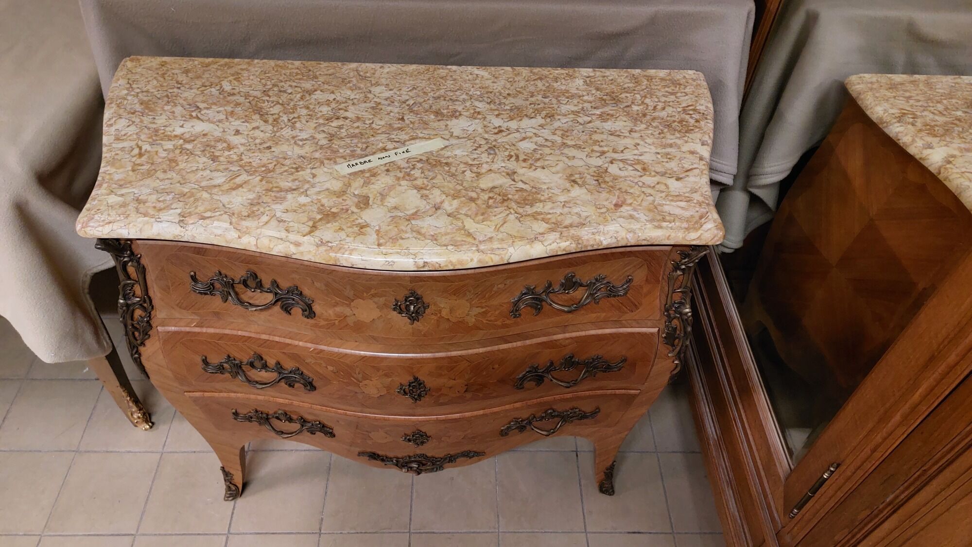 Louis XV style curved chest of drawers in rosewood 3 drawers and marble top