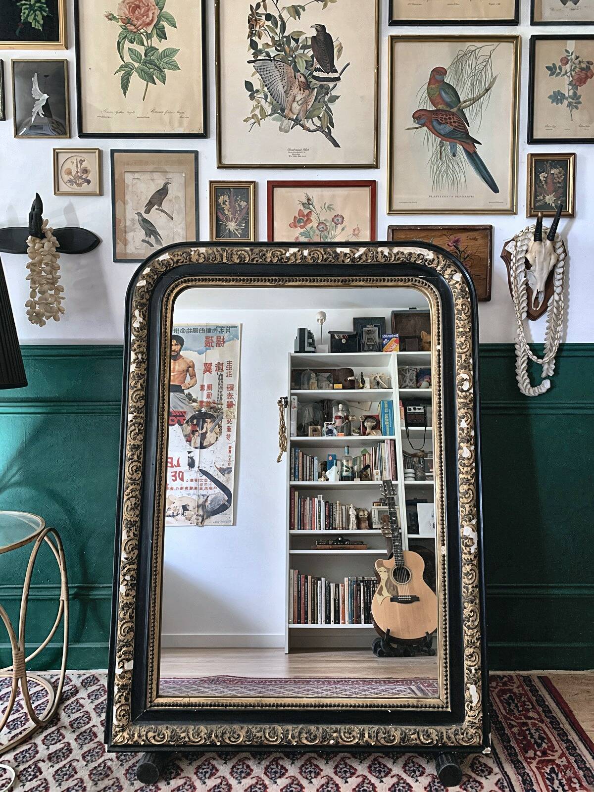 Antique mirror Napoleon III 19th century black and gold original glass signed Al