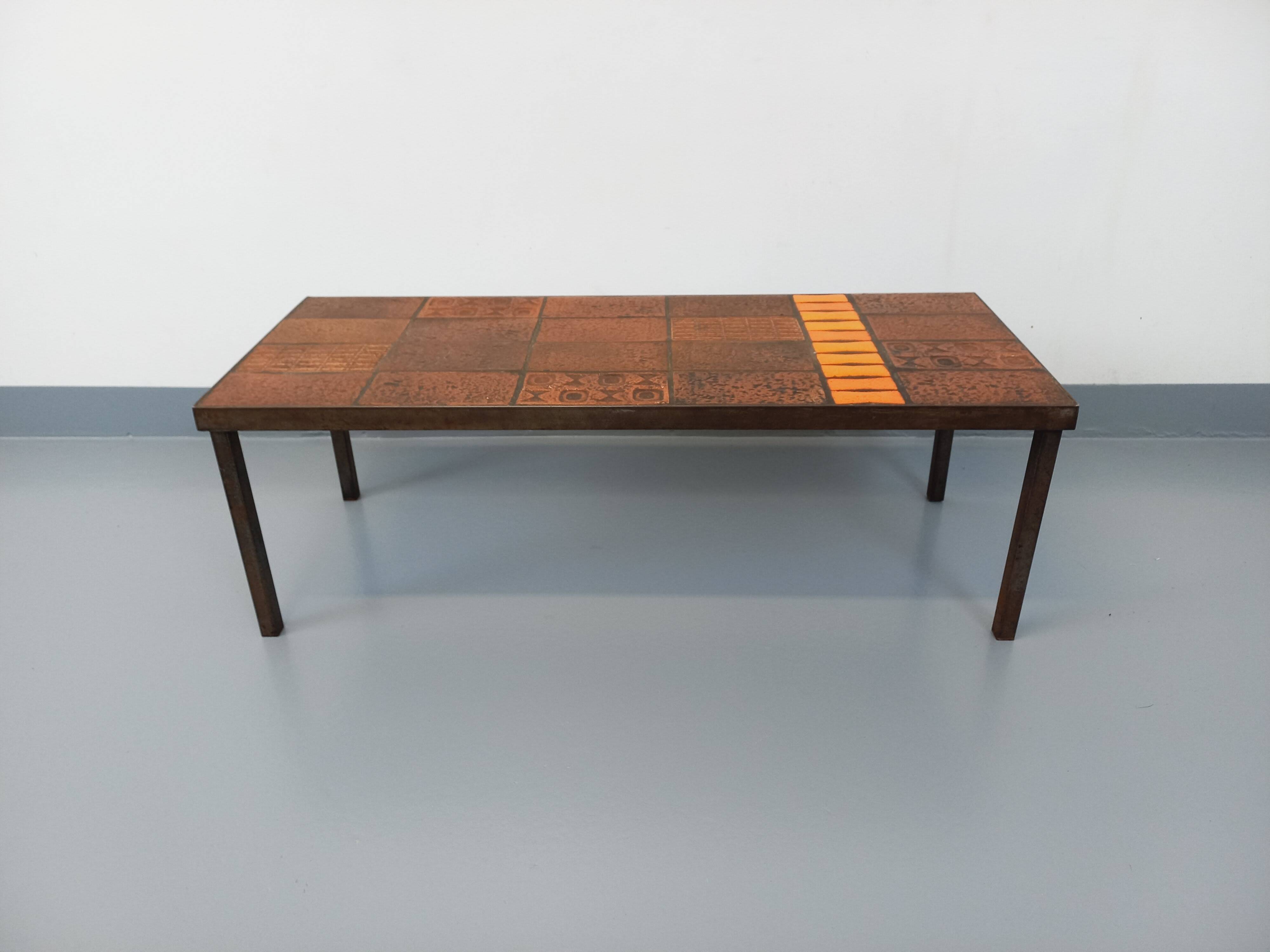 Vintage rectangular coffee table by Jean Jaffeux in steel and ceramic from the 60s