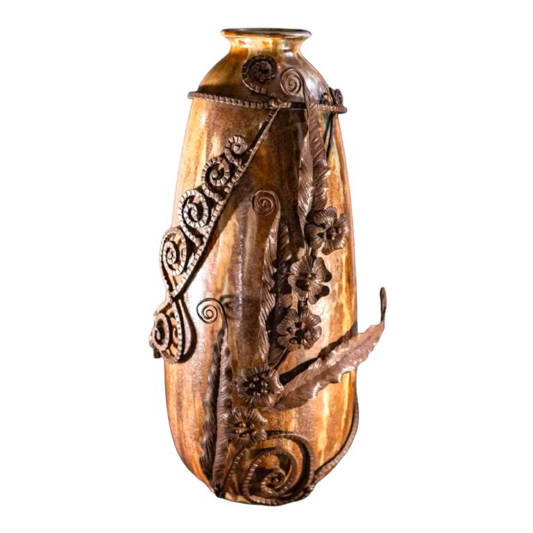 stoneware shell vase, wrought iron frame, roger guerin & francois carion, bouffioulx ca 1920