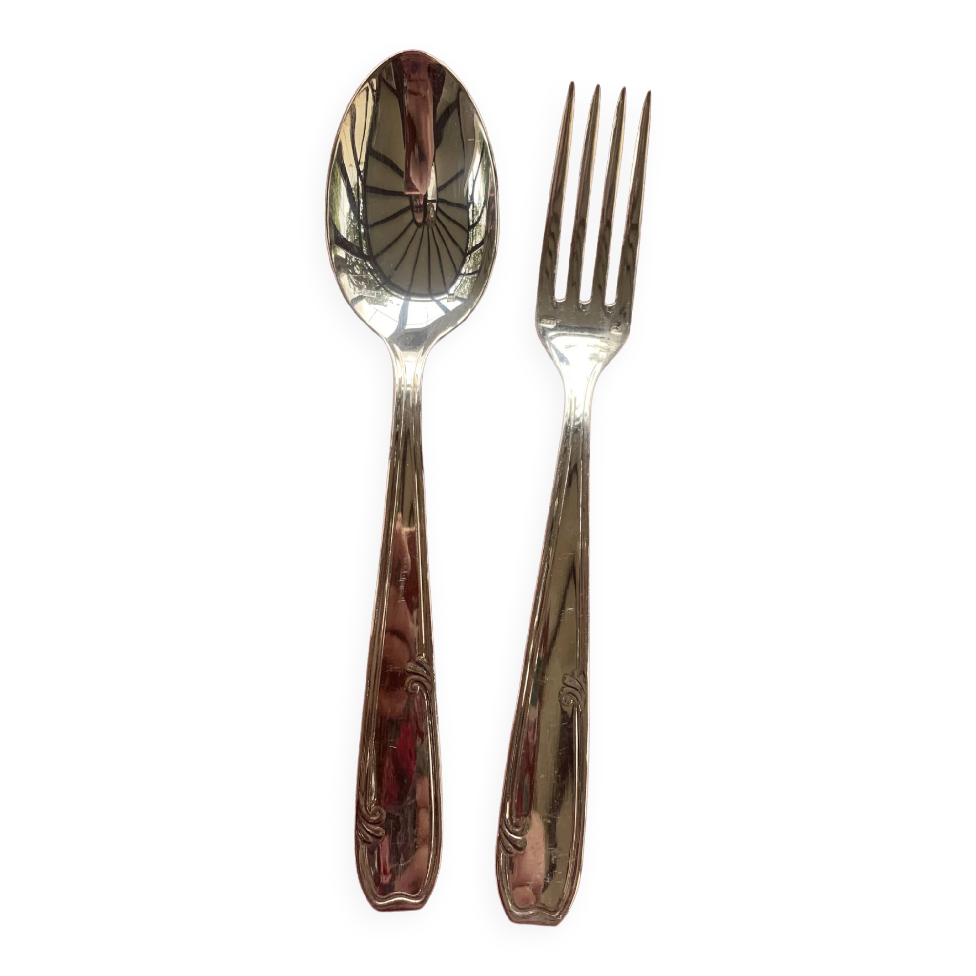 Set of 12 cutlery, 6 soup spoons and 6 forks in silver-plated metal, hallmark 84 and hallmark