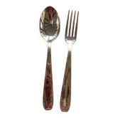 Lot de 12 couverts, 6 cuillères a soupe et 6 fourchettes en metal argenté, poinçon 84 et poinçon